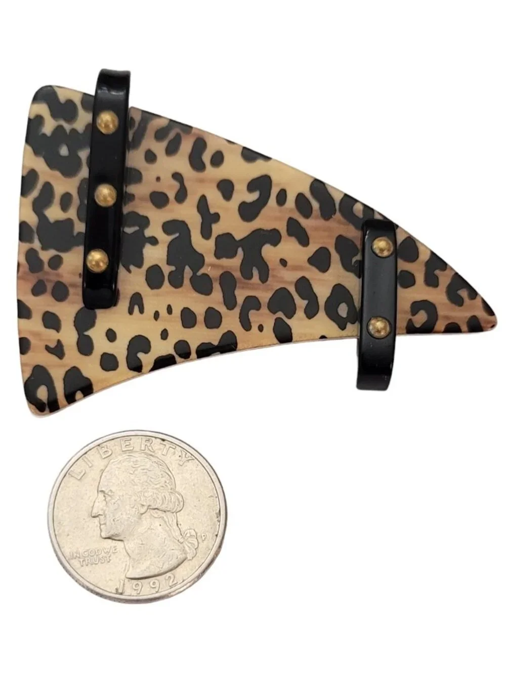 Vintage Plastic Triangle Modernist Animal Cat Print Brass Button Brooch Pin E513